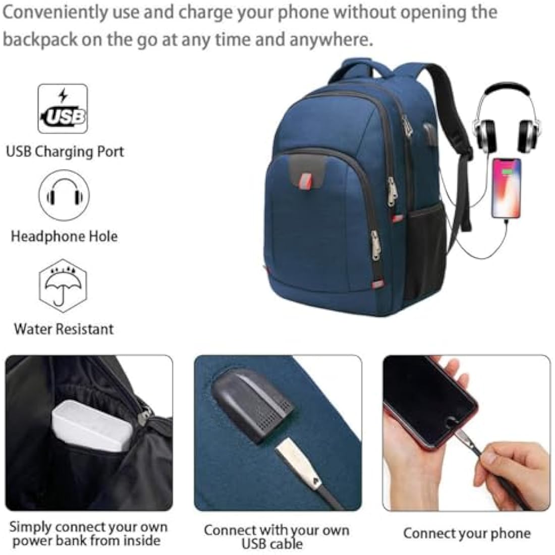 17 Inch Laptop Backpack – Anti-Theft Travel Bag with USB, Blue
