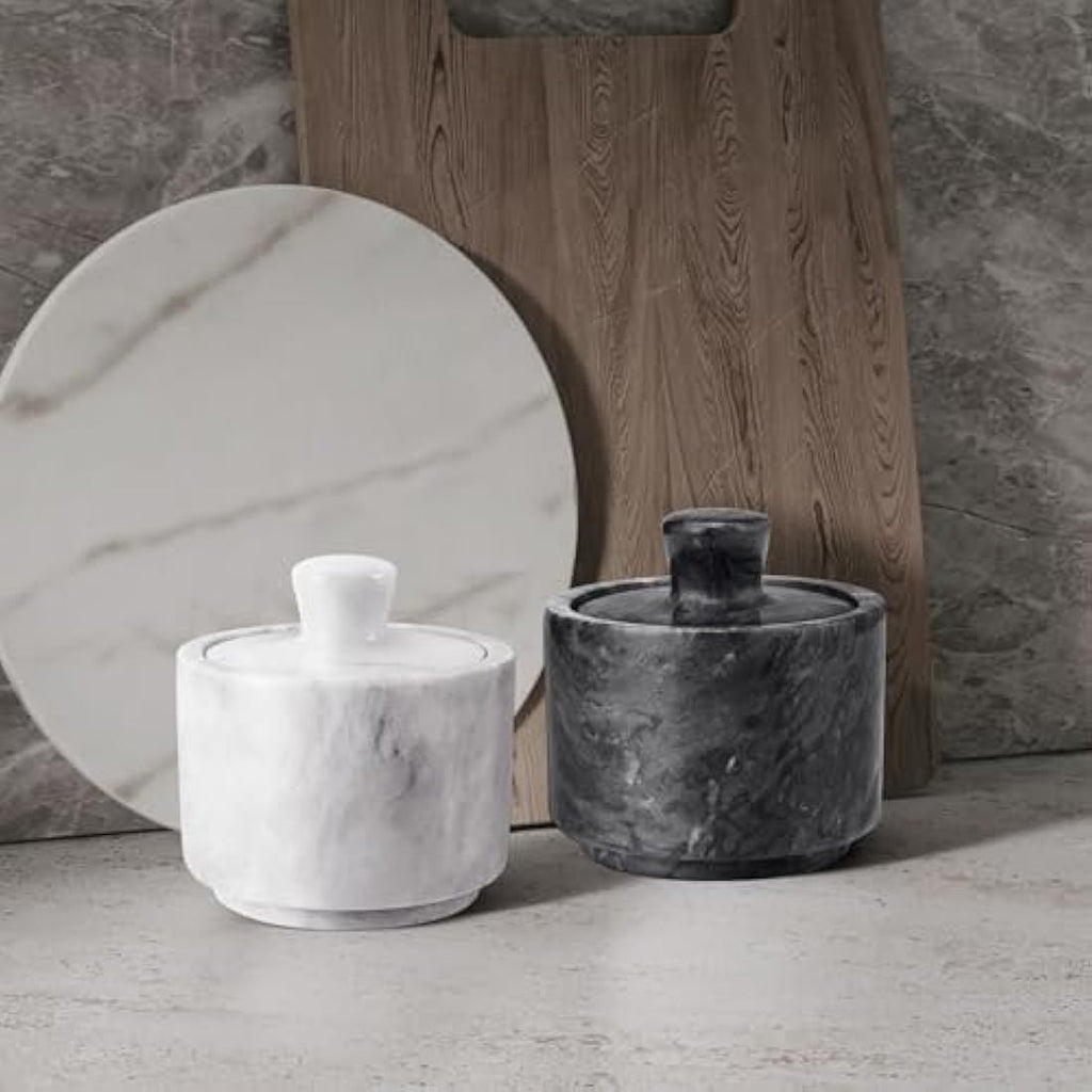 Flexzion Marble Salt Cellar with Lid – Set of 2 Black & White Bowls