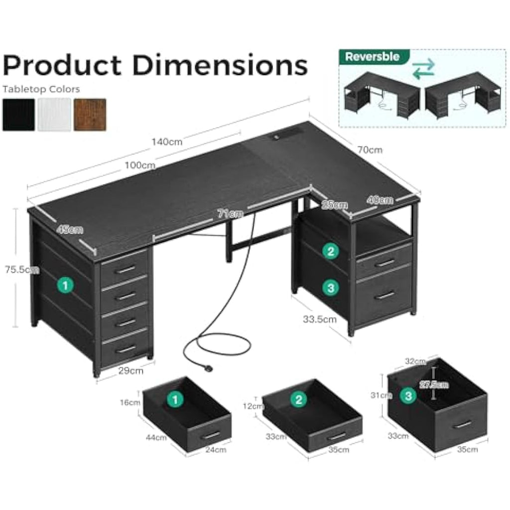 Coleshome L-Shaped Computer Desk with Power Outlet and 6 Drawers, Black