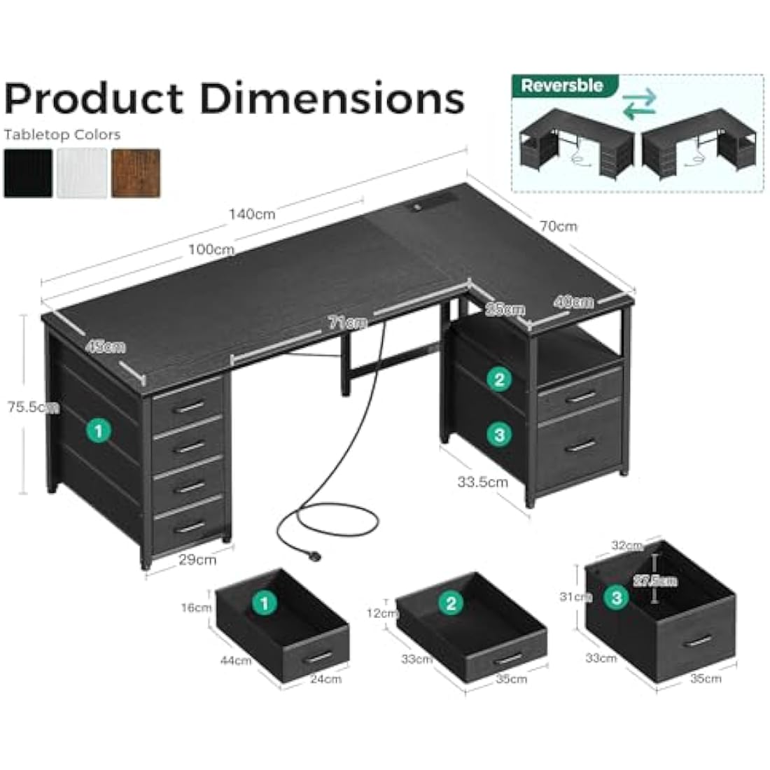Coleshome L-Shaped Computer Desk with Power Outlet and 6 Drawers, Black