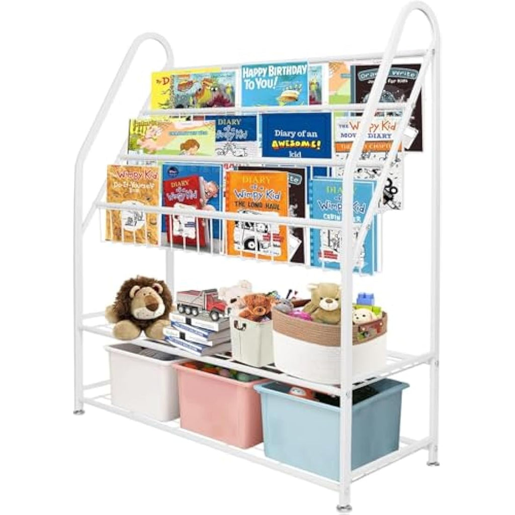Kids Bookshelf – Metal Book and Toy Storage Organizer, White