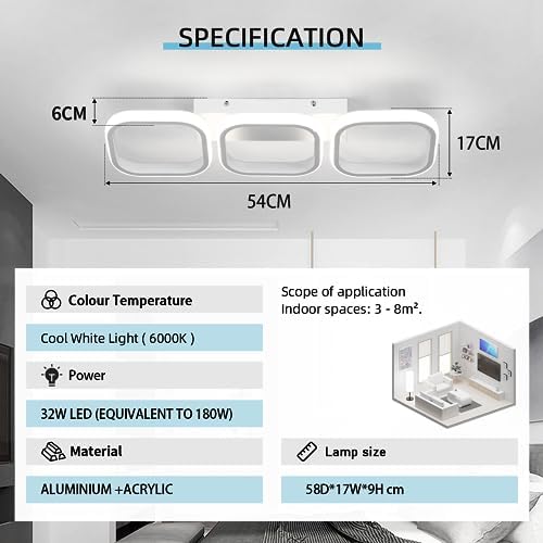 EIDISUNY Modern LED Ceiling Light | 33W Cool White 3-Rectangle Lamp