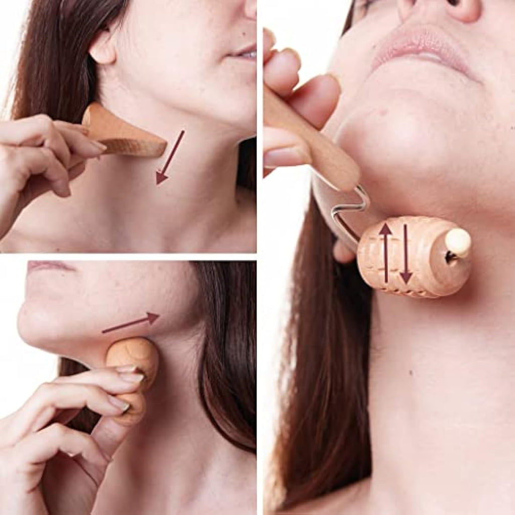 BICTIVE Wood Therapy Face Roller and Gua Sha Set | 6-Piece Facial Tools