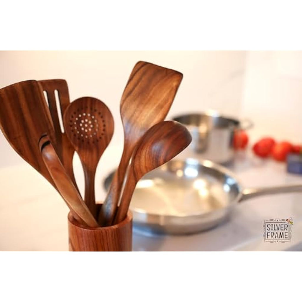 Teak Wood Cooking Utensils Set – 7 Pcs with Kitchen Holder