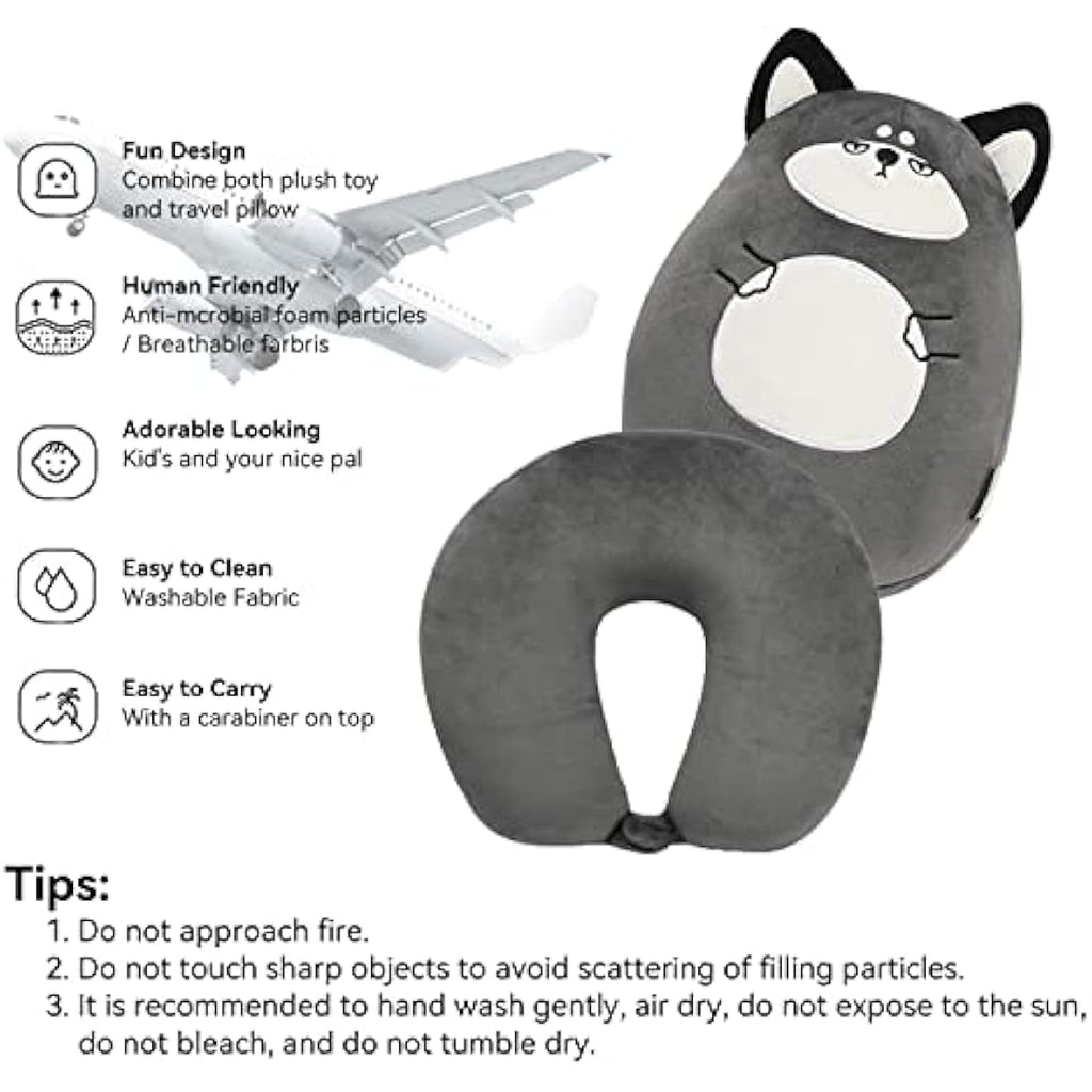 JOYRAVO Kids 2-in-1 Convertible Neck Pillow – Plush Husky Travel Pillow