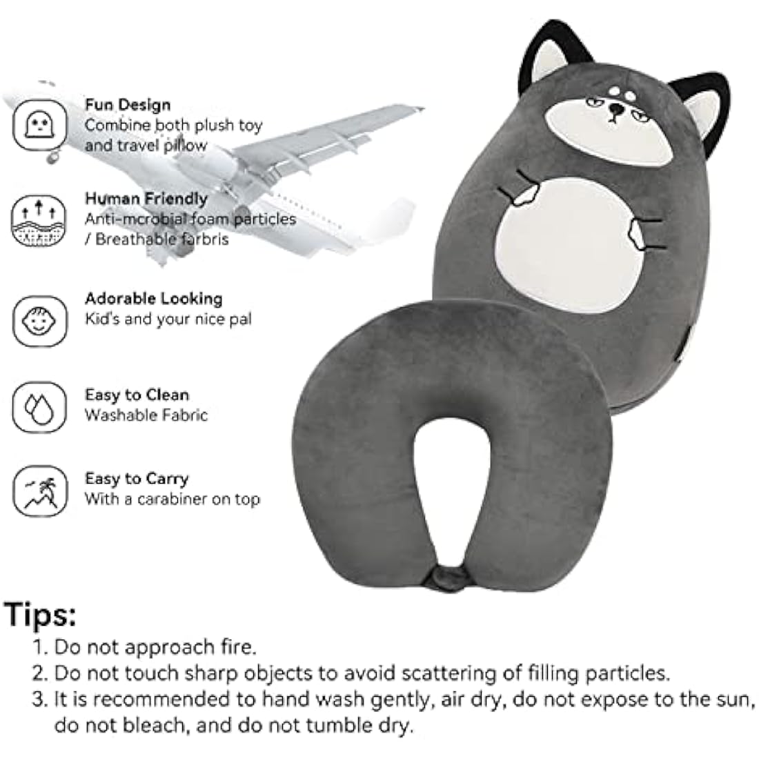 JOYRAVO Kids 2-in-1 Convertible Neck Pillow – Plush Husky Travel Pillow