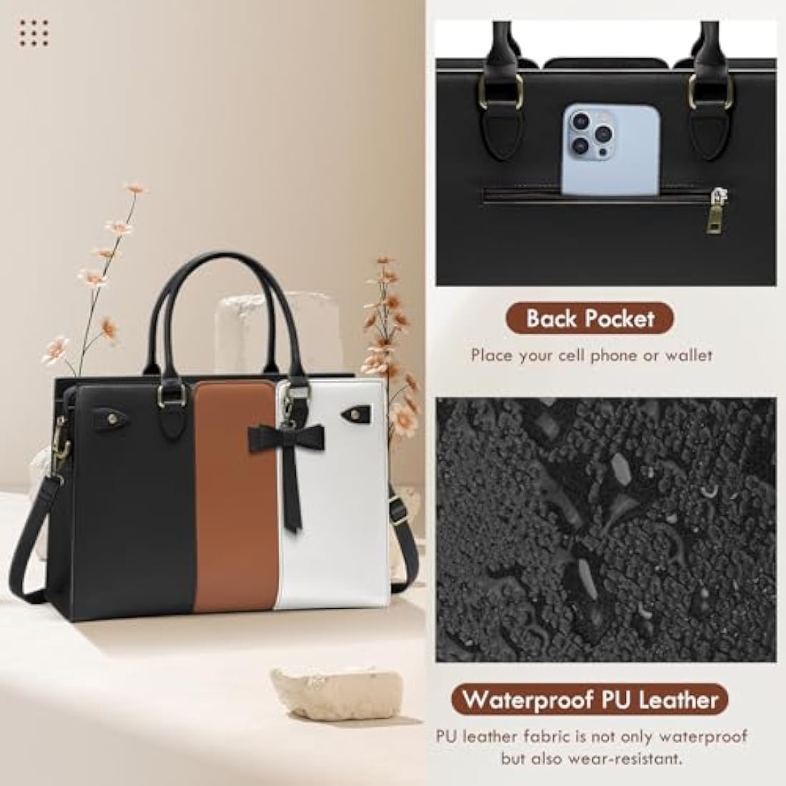 RAINSMORE 15.6 Inch Laptop Tote Bag – PU Leather Work Handbag for Women
