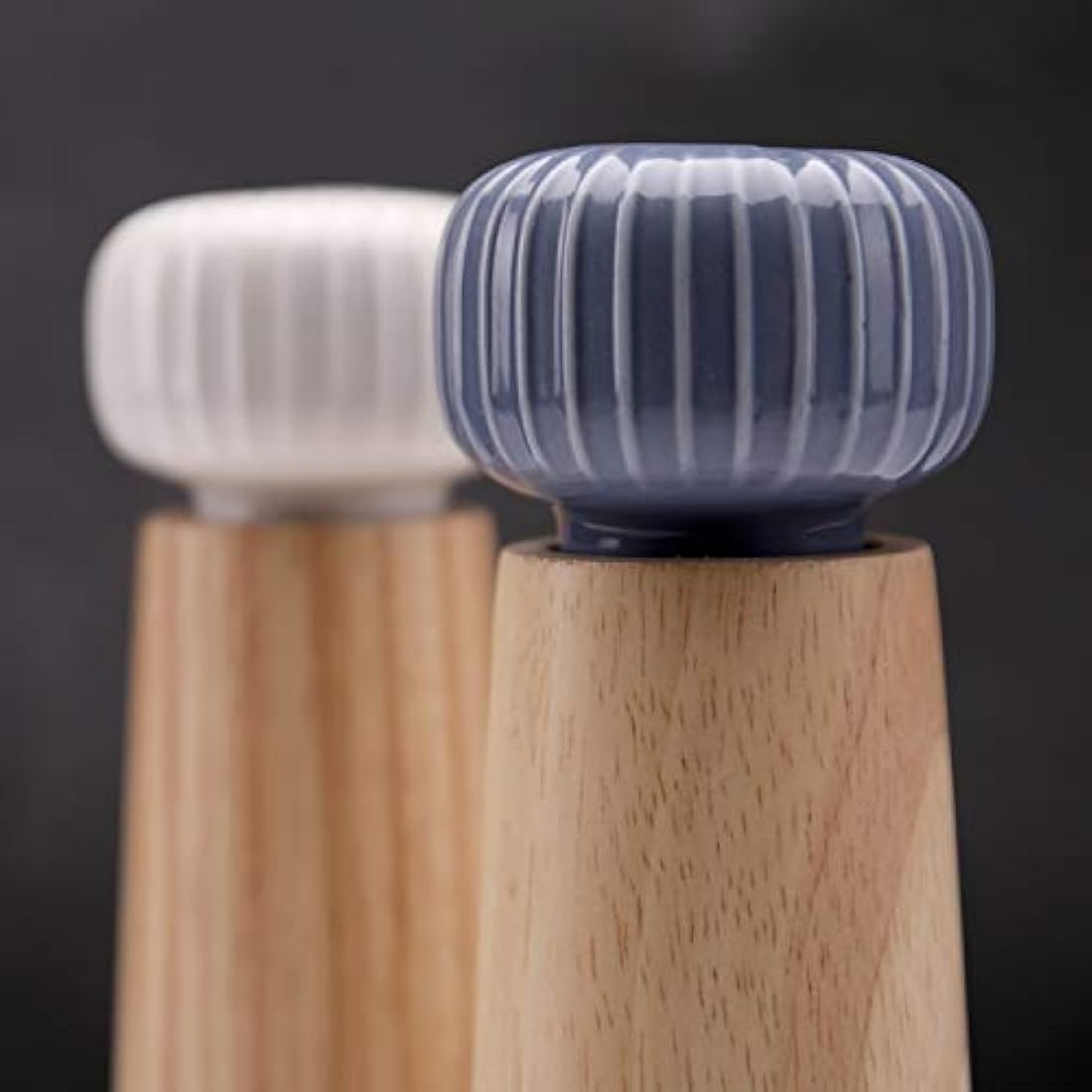 HAIPUSEN Wood and Ceramic Salt and Pepper Mill Set with Tray - 17.5cm