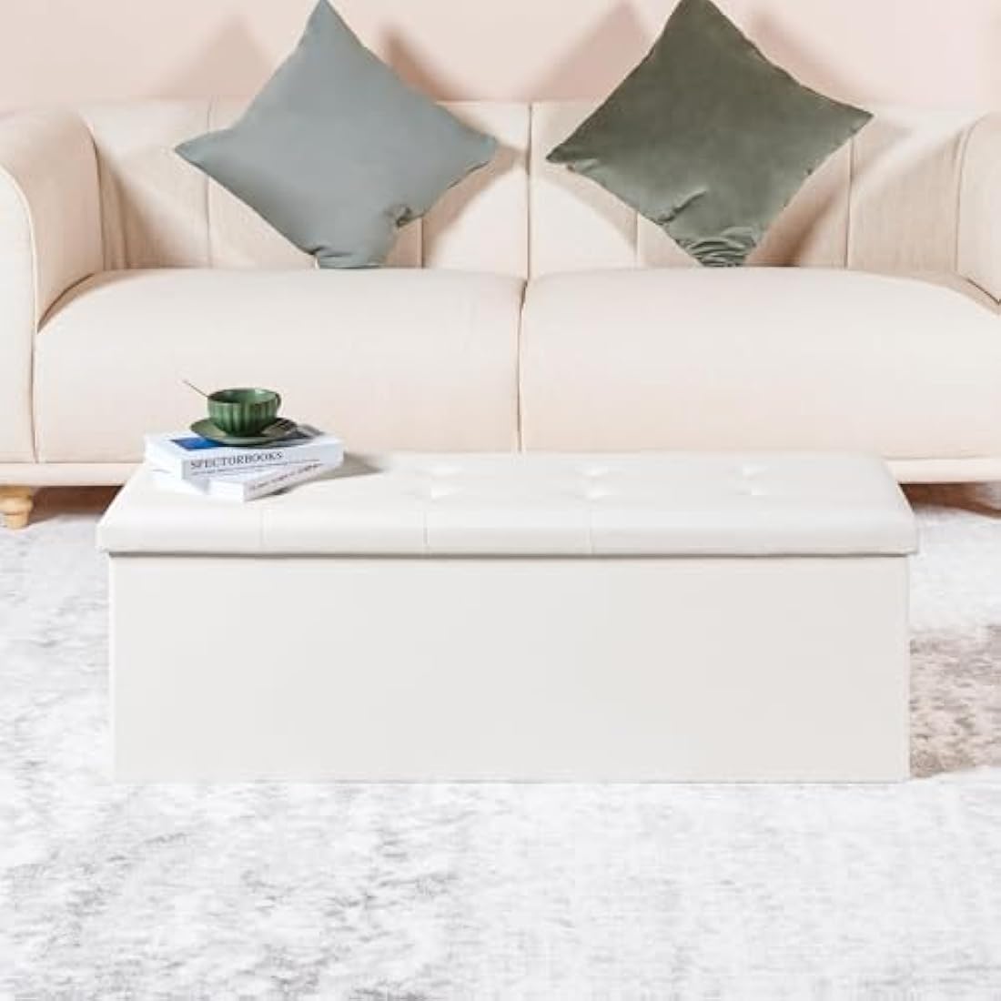 Bonlife Folding Storage Ottoman Bench | White Faux Leather Toy Box