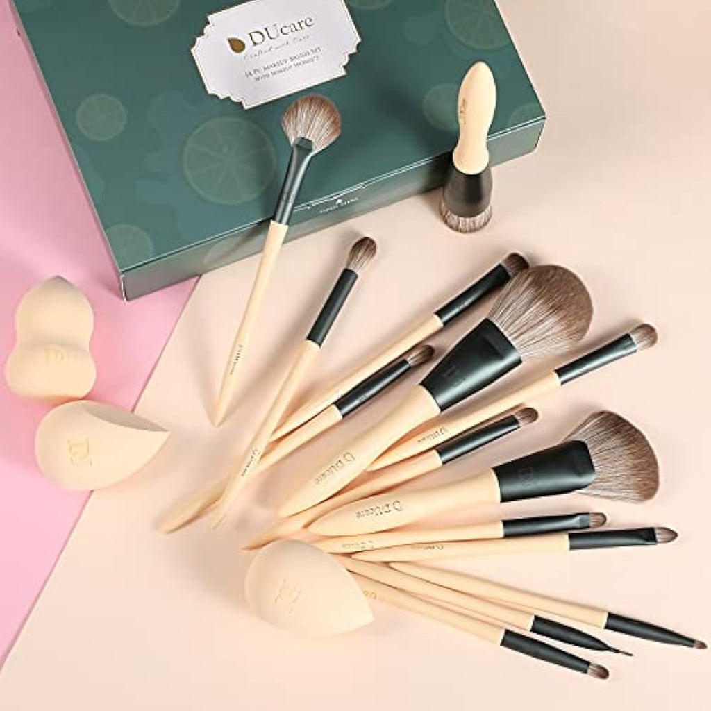 DUcare 14 Pcs Makeup Brush Set | Vegan Beech Wood Professional Brushes