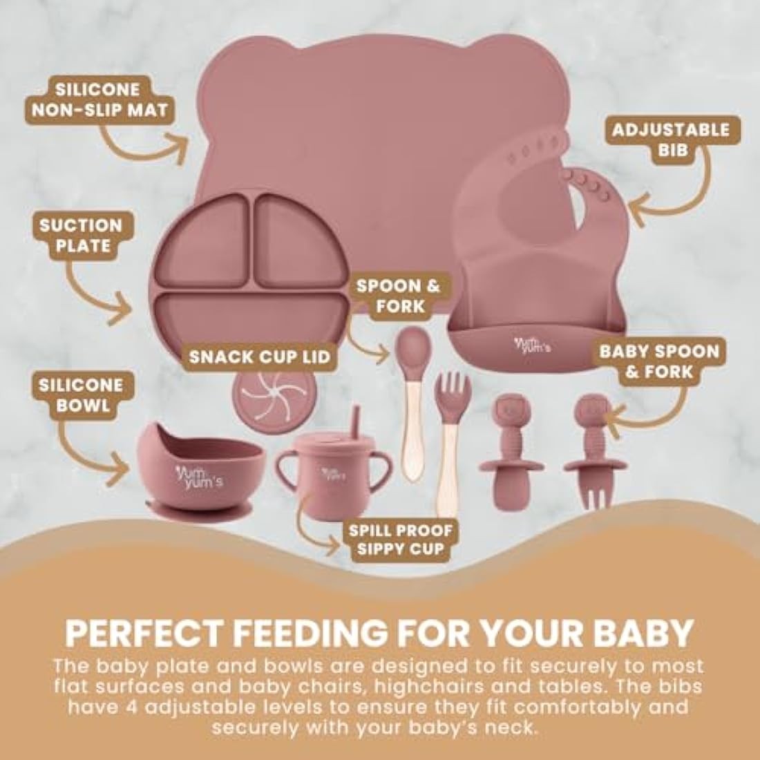 Yum Yum's Baby 10-Piece Silicone Weaning Set | Suction Plate & Bib - Pink