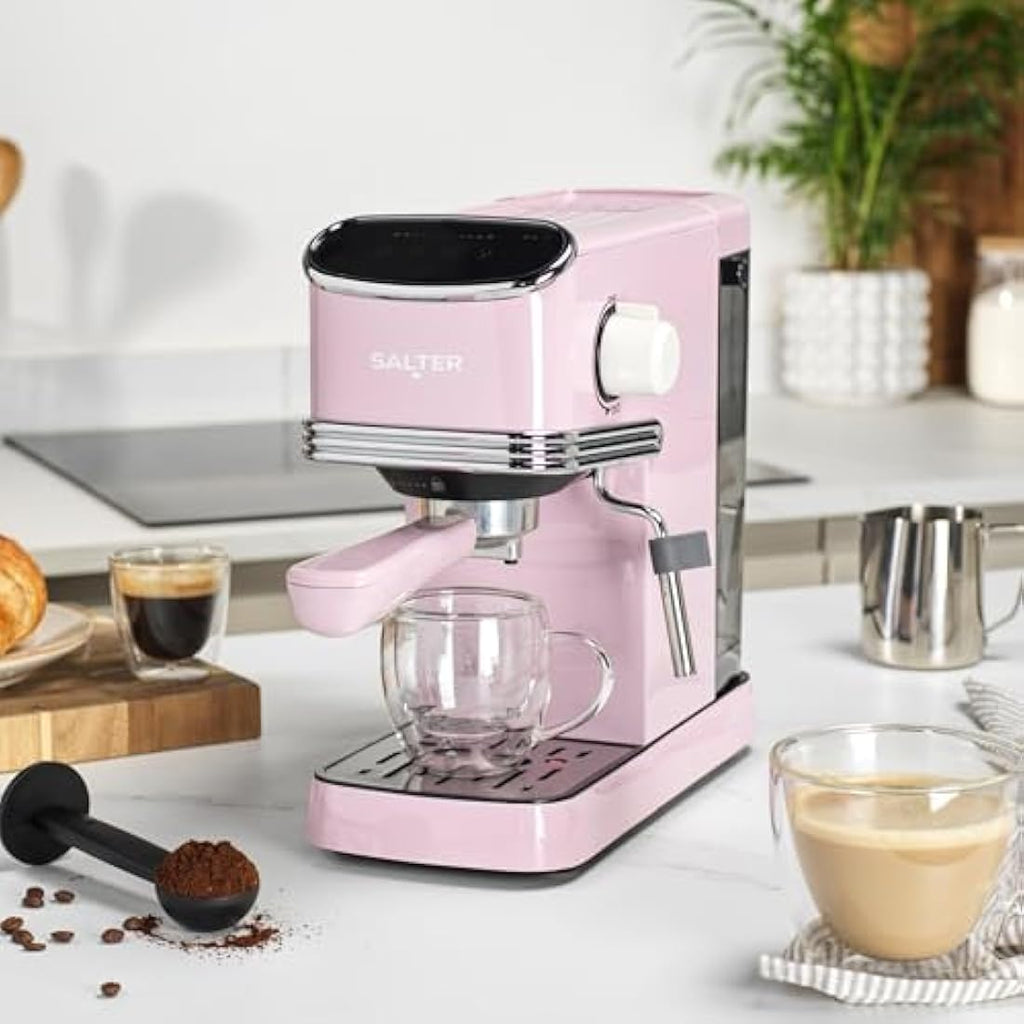 Salter Retro Espresso Machine – 20-Bar Pink Coffee Maker with Milk Frother