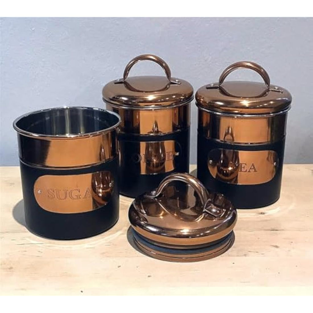 Jolof Store Black & Copper Metal Tea Coffee Sugar Storage Canister Set