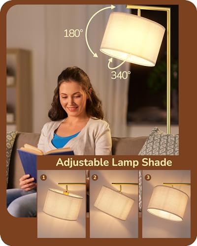 EDISHINE LED Floor Lamp – 63" Gold Standing Lamp with Adjustable Linen Shade