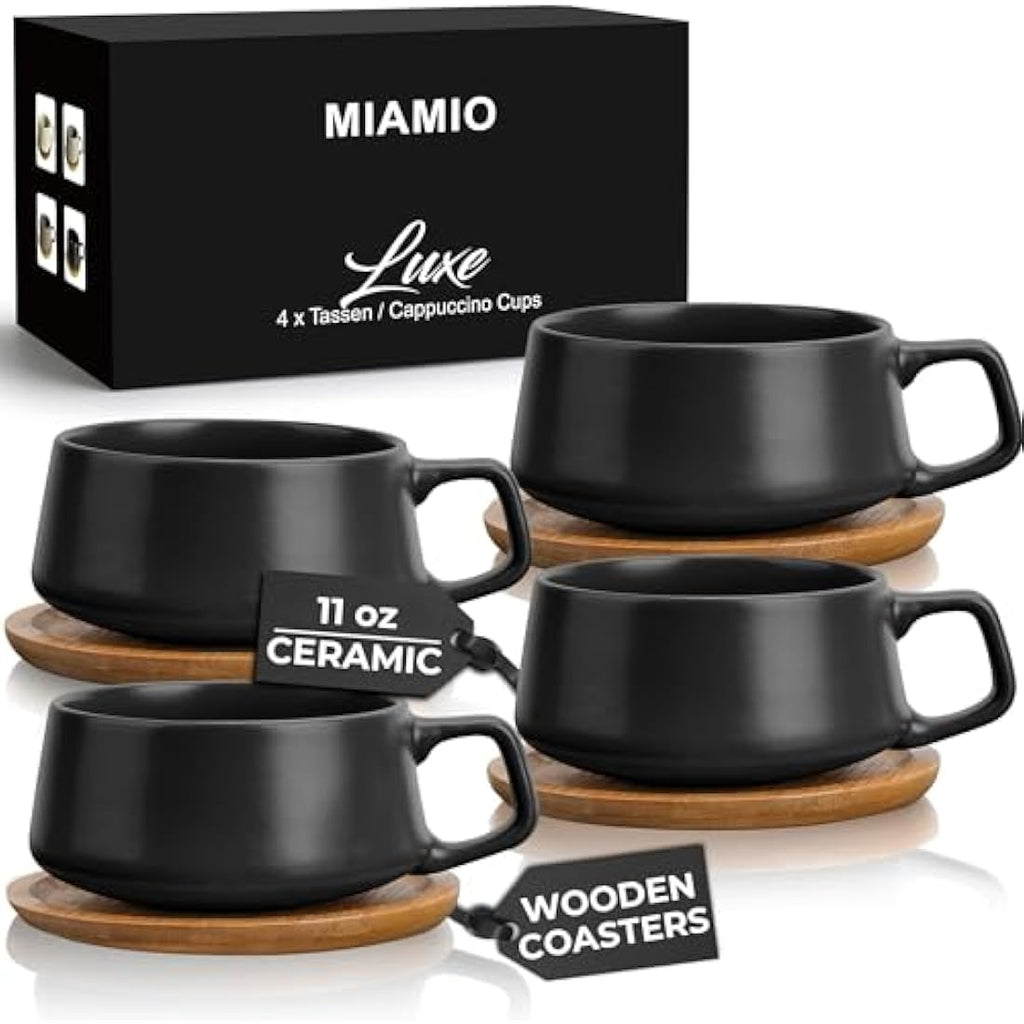 MIAMIO Ceramic Coffee Cup Set with Bamboo Saucers - 320ml Black, Set of 4