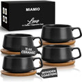 MIAMIO Ceramic Coffee Cup Set with Bamboo Saucers - 320ml Black, Set of 4