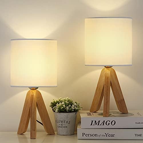 UOMIO Wooden Tripod Table Lamps Set of 2 | Fabric Shade Bedside Lights