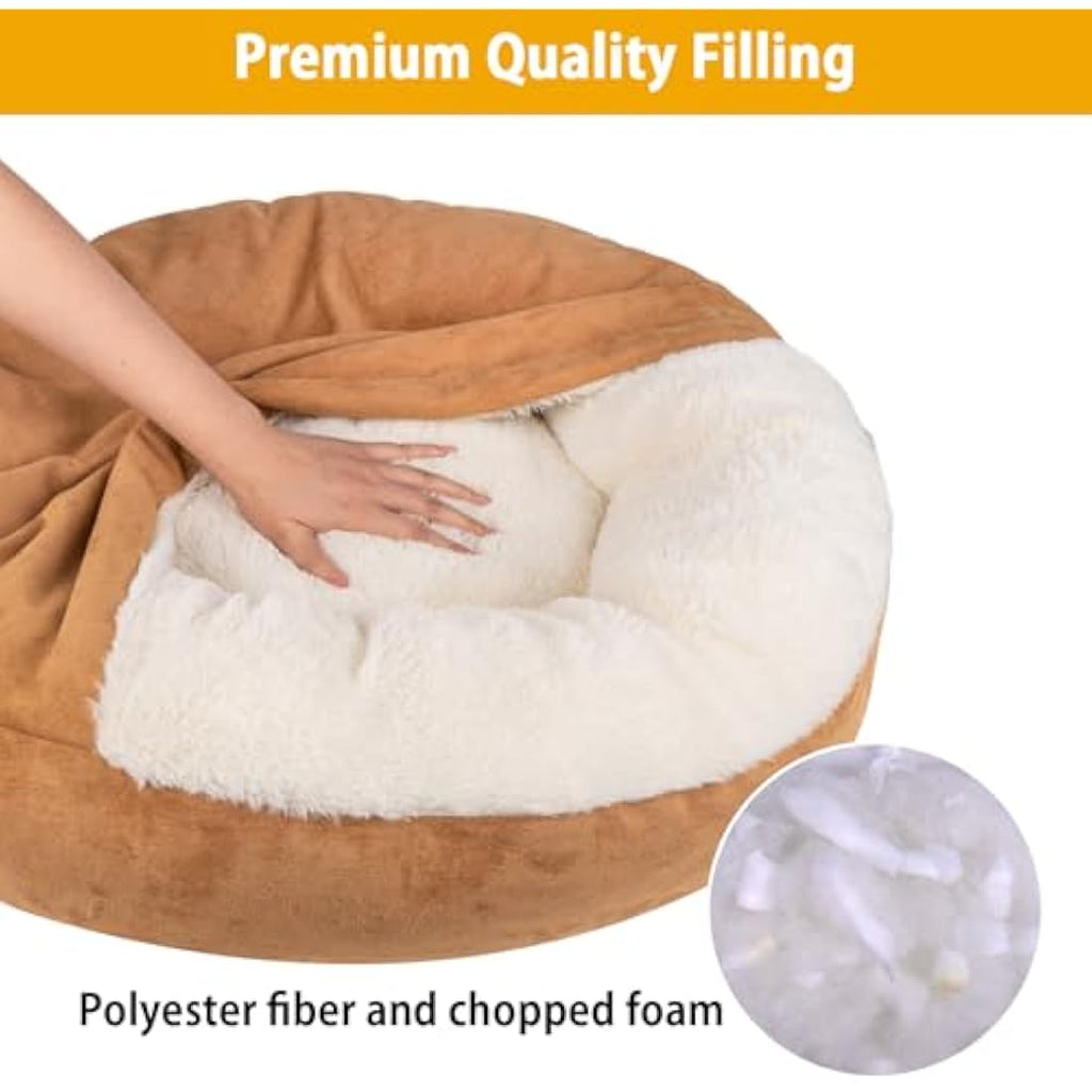 MICOOYO Hooded Donut Dog Bed – Calming Faux Fur Cave Bed, Wheat, Large