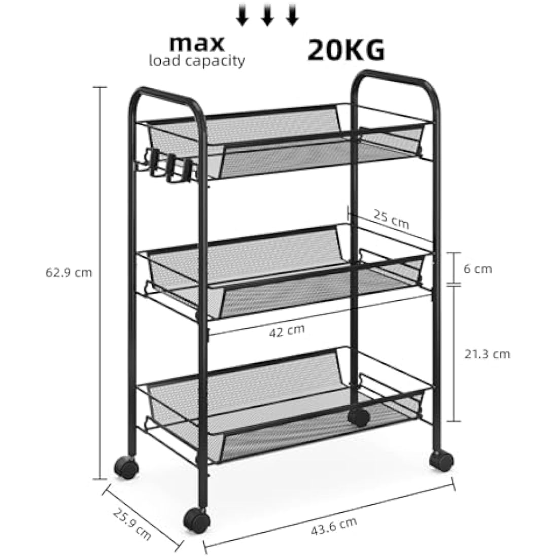 APEXCHASER 3-Tier Rolling Utility Cart | Metal Mobile Storage Trolley, Black
