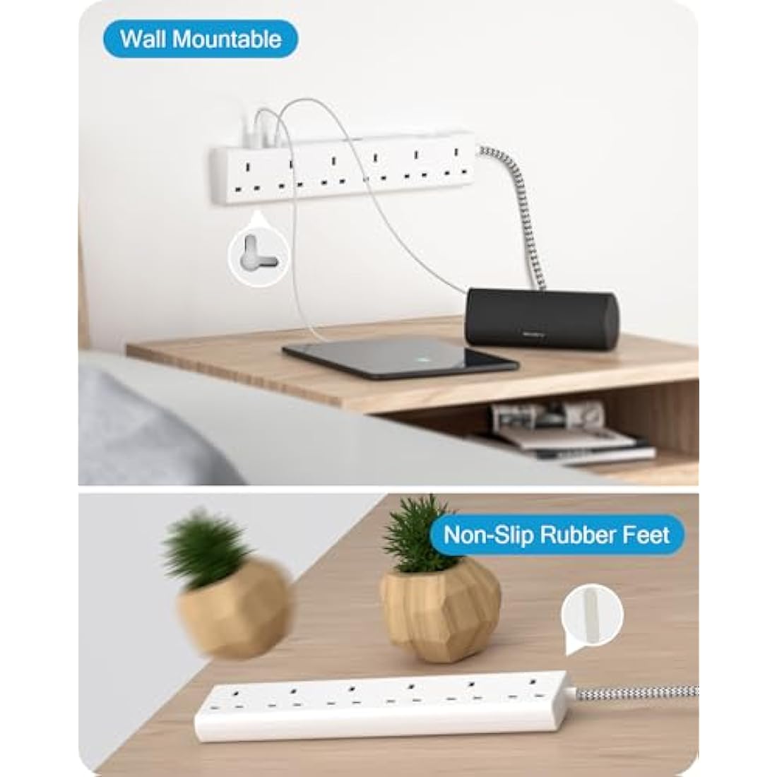 LENCENT 6-Way Power Strip with USB-C | 3M Braided Extension Lead