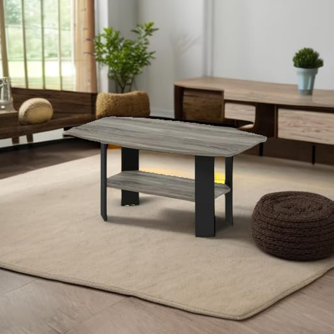 Furinno Simple Design Coffee Table | French Oak & Black Side Table