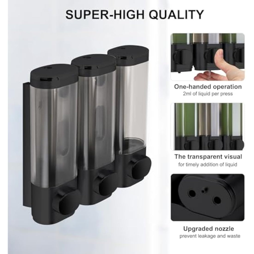 3-Chamber Wall Mount Soap Dispenser – No Drill Black ABS