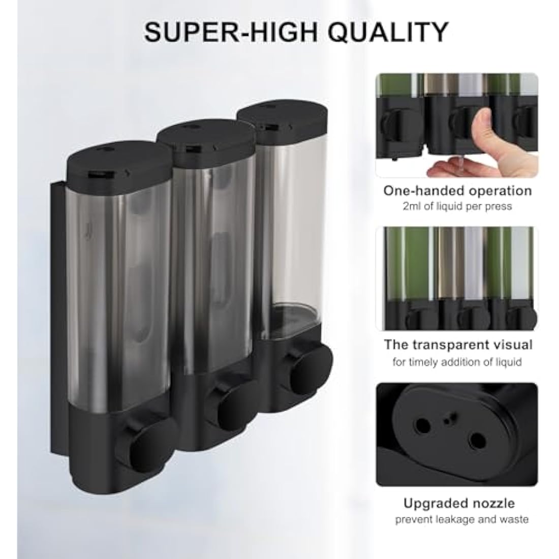 3-Chamber Wall Mount Soap Dispenser – No Drill Black ABS