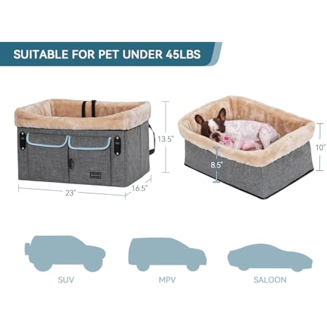 Petsfit Dog Car Seat for Medium Dogs | Elevated Booster Seat, Light Grey