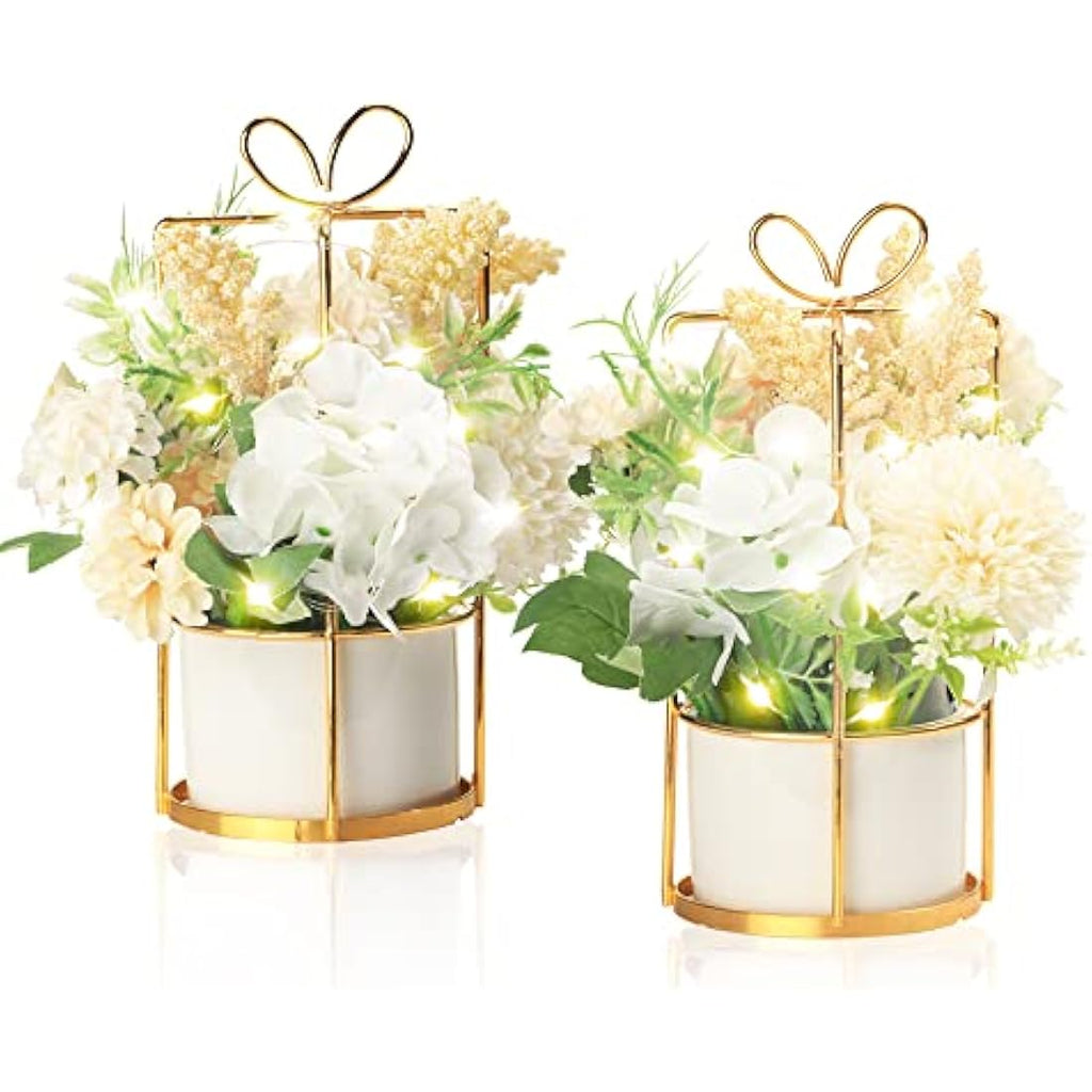 BEGONDIS Set of 2 LED Artificial White Flowers with Pots for Home Decor