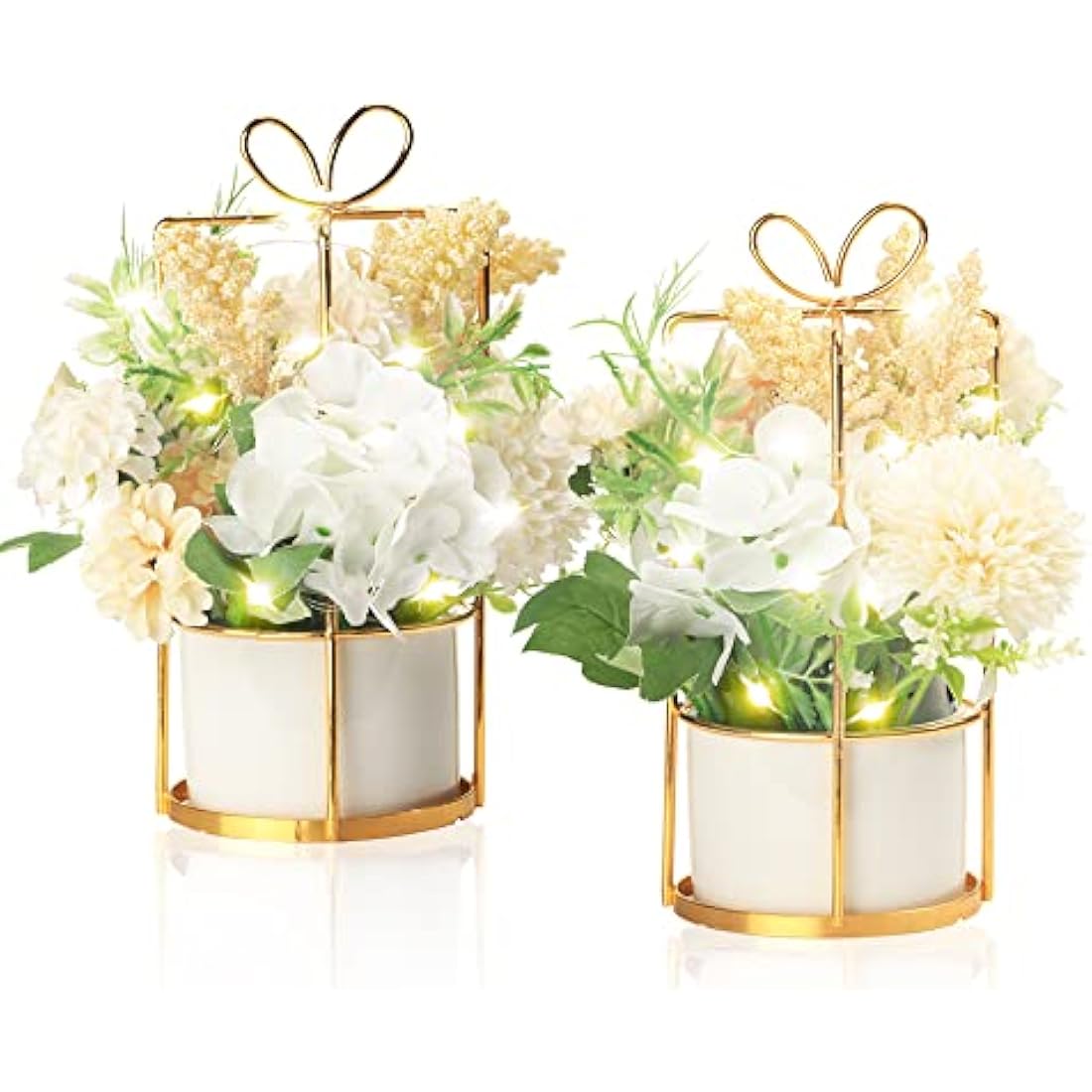 BEGONDIS Set of 2 LED Artificial White Flowers with Pots for Home Decor