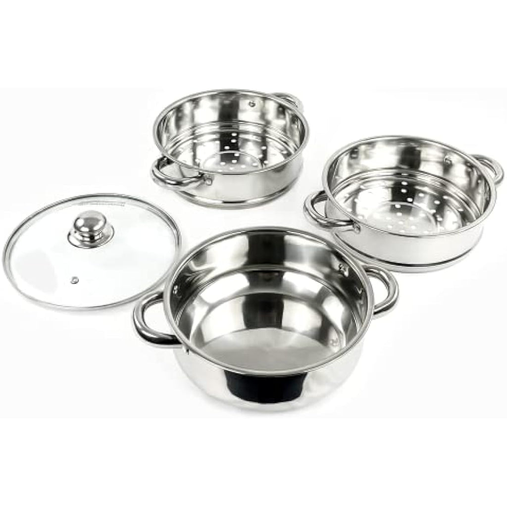 Jolof Store 3-Piece Stainless Steel Steamer Pot Set with Glass Lids