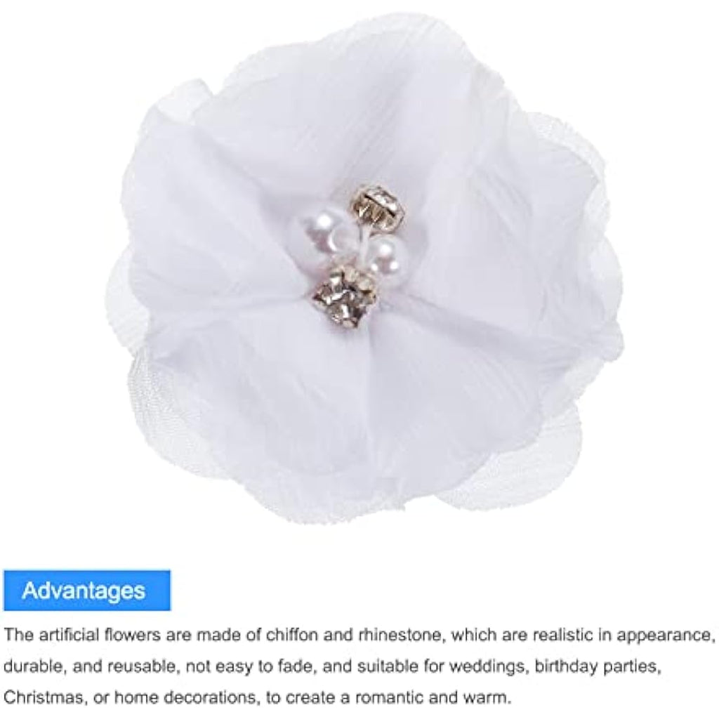 Jolof Store White Chiffon Flower Heads with Rhinestones - 20 Pack