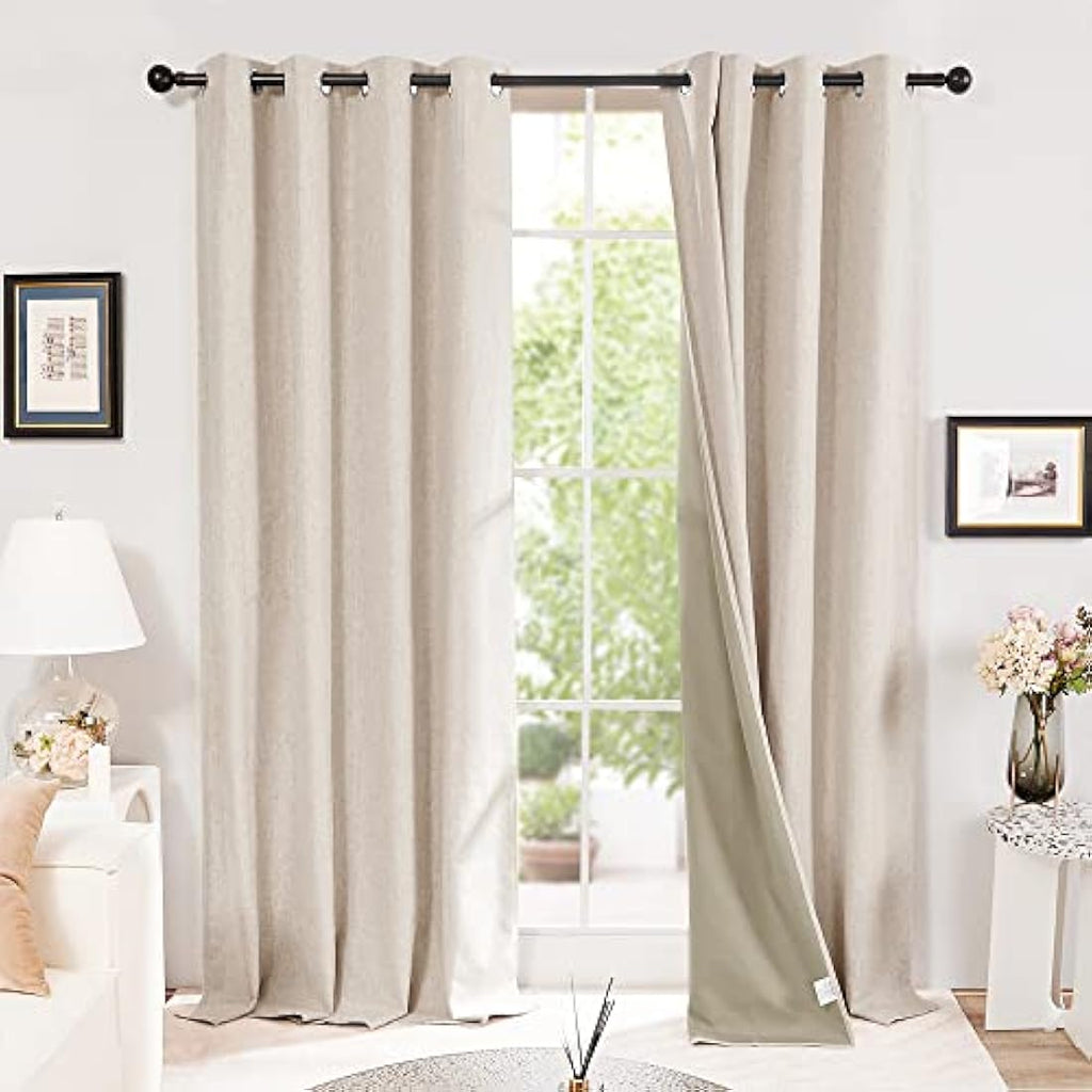Deconovo 100% Blackout Faux Linen Thermal Eyelet Curtains - Pale Khaki