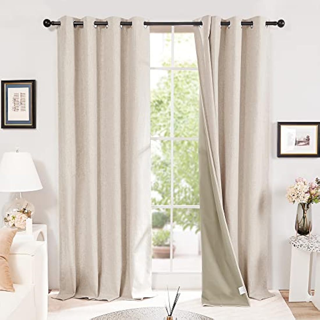 Deconovo 100% Blackout Faux Linen Thermal Eyelet Curtains - Pale Khaki