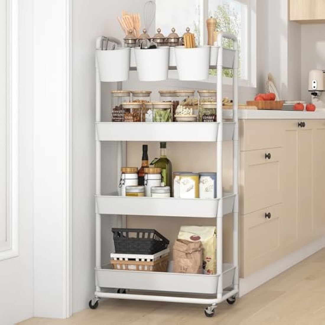 JIUYOTREE 4-Tier Rolling Utility Cart with Handles and Wheels - White