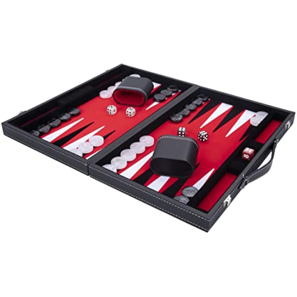 Engelhart 18 Inch Luxury Backgammon Set – Black Faux Leather Case