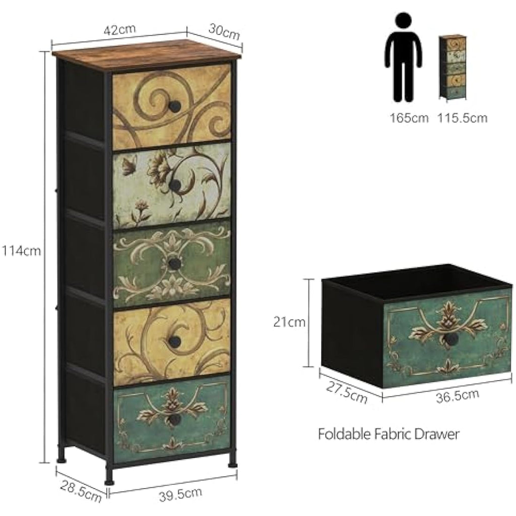 VEDECASA 5-Drawer Slim Fabric Dresser – Retro Tall Storage Tower