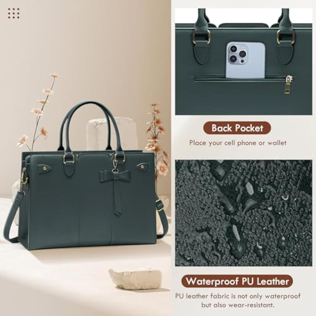 RAINSMORE 15.6 Inch Laptop Tote Bag – PU Leather Work Handbag, Dark Green