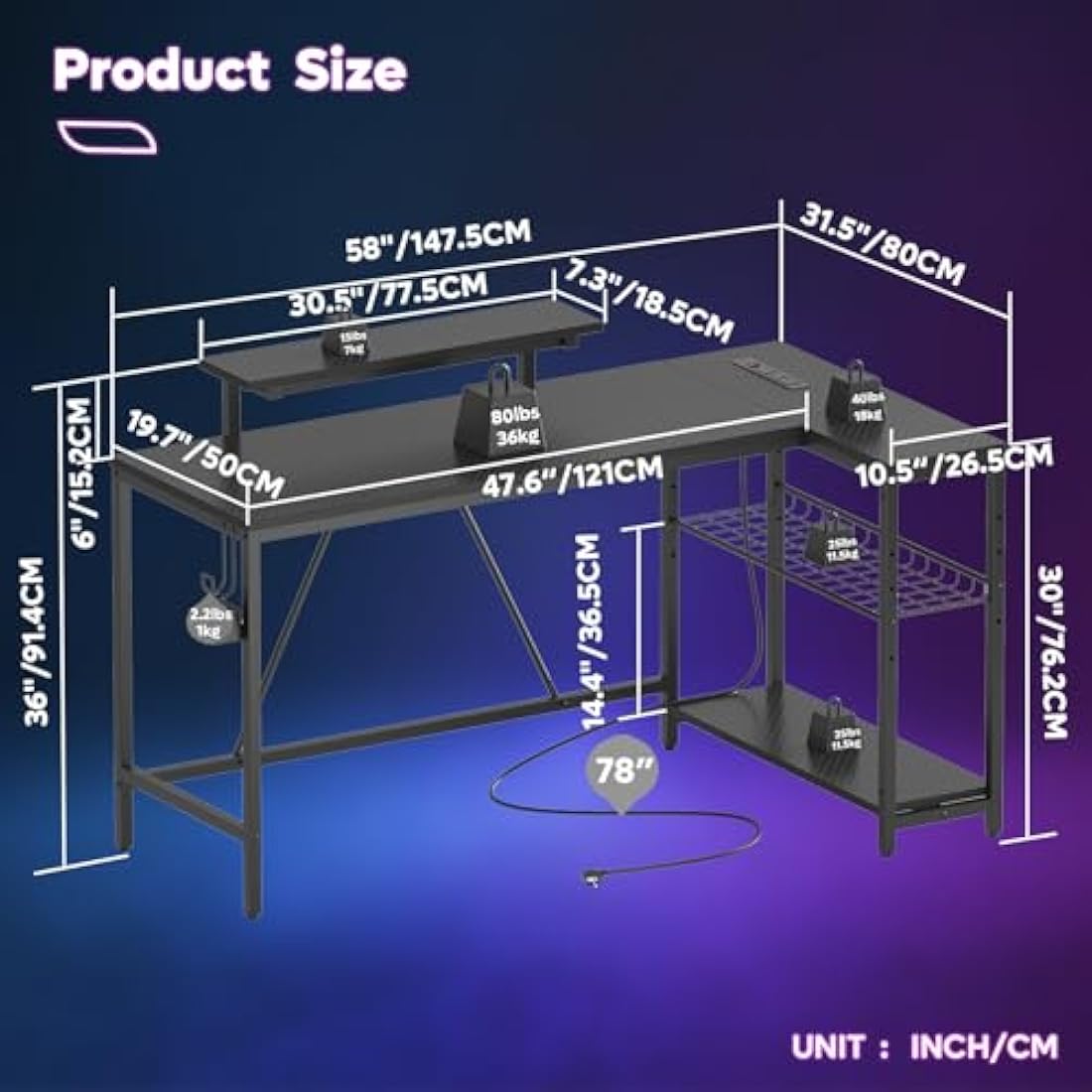 Jolof Store L-Shaped Gaming Desk with RGB Lights and Power Outlets