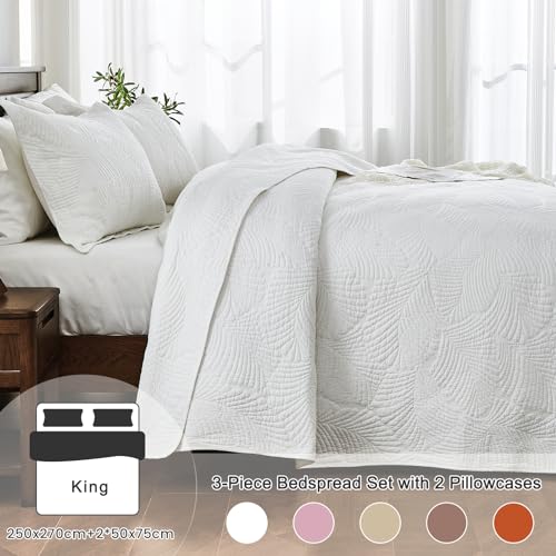 Qucover Cotton Quilted Bedspread Set | Super King Palm Leaf Embroidery