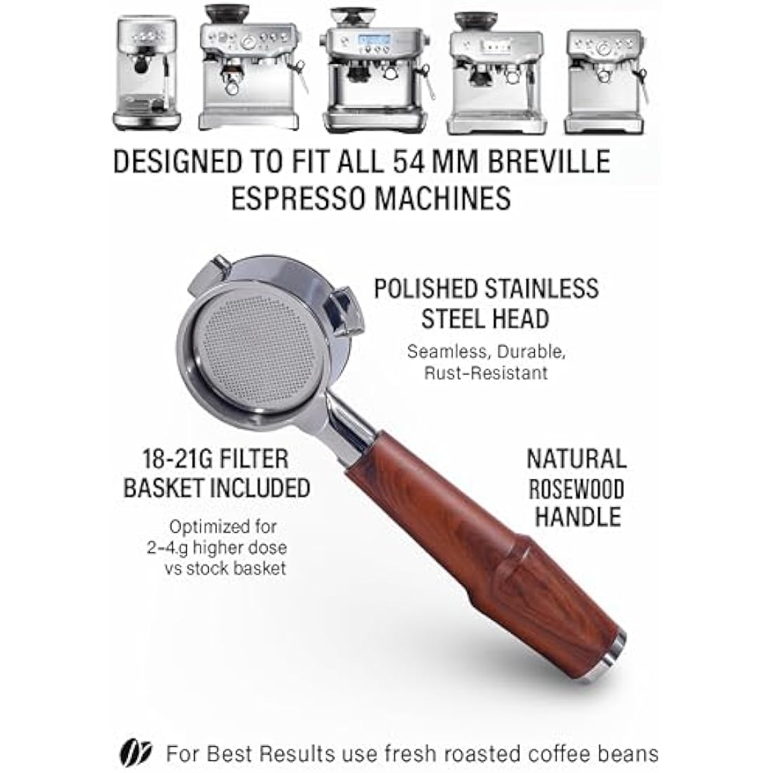 KNODOS 54mm Bottomless Portafilter - Rosewood Handle for Breville Sage