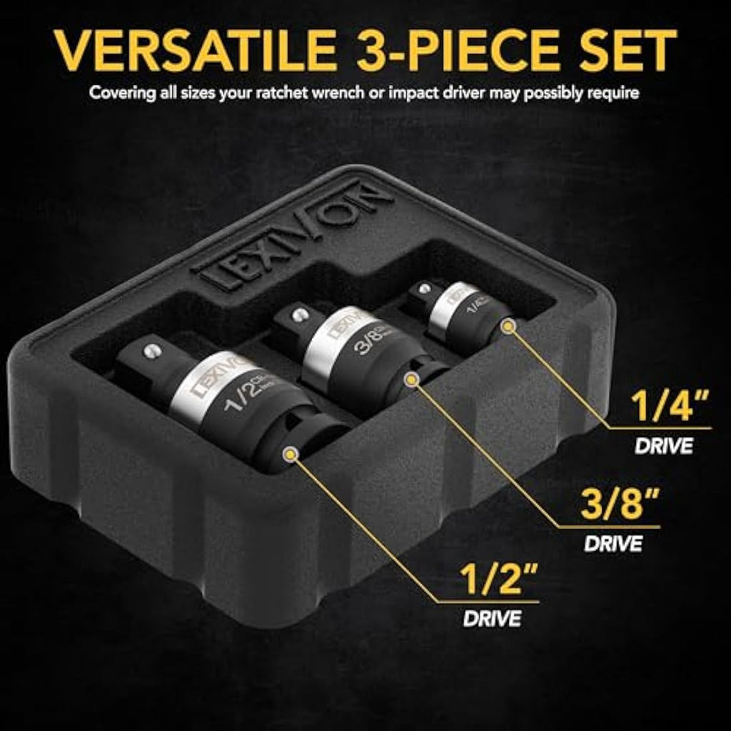 LEXIVON Slim Impact Universal Joint Set | 3-Piece Cr-Mo Steel Swivel Sockets