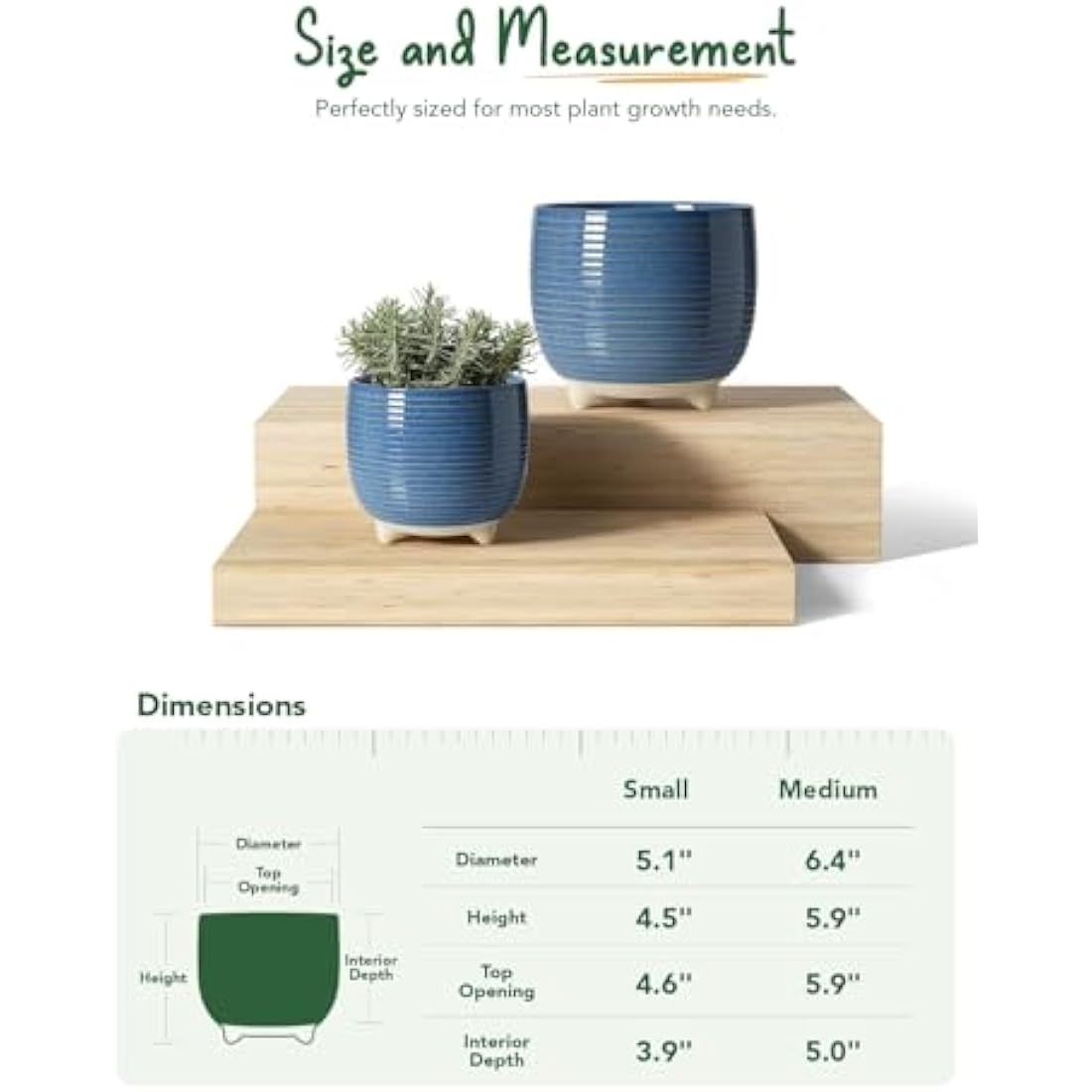 LE TAUCI Ceramic Plant Pots | Set of 2 Indoor Planters with Drainage Blue