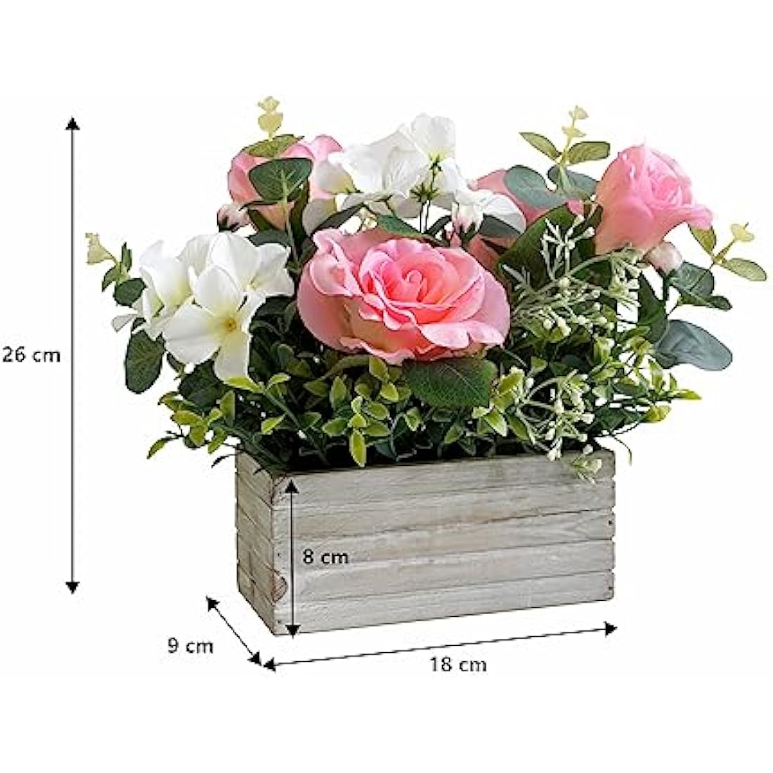 Artificial Pink Roses & Hydrangeas in Wooden Pot Centerpiece