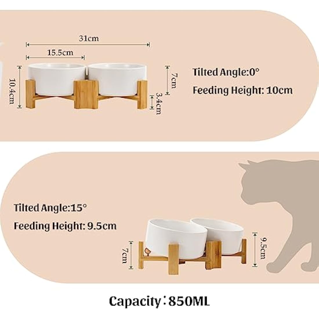 SPUNKYJUNKY 15° Tilted Ceramic Dog and Cat Bowl with Wooden Stand - 850ml