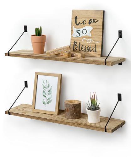 Petrala Rustic Floating Shelves – 60cm Wooden Wall Shelves, Set of 2