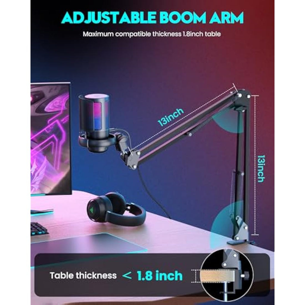 Jolof Store RGB Gaming Microphone with Boom Arm – USB Cardioid Mic for PC