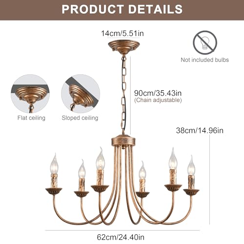 Ganeed Vintage French Country Chandelier – 6-Light Bronze Pendant Lamp