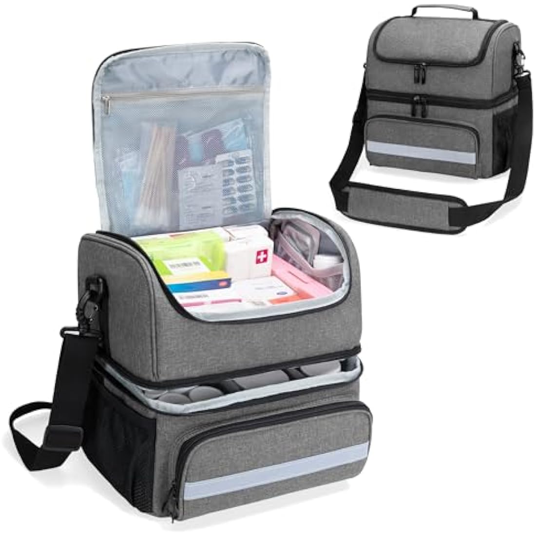 CURMIO Double Layer Medicine Storage Bag | First Aid Kit Organiser, Grey