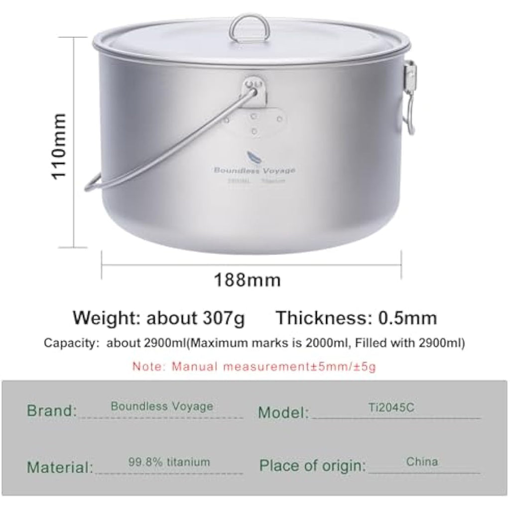 iBasingo 2.9L Titanium Camping Pot | Ultralight Hanging Cookware with Lid
